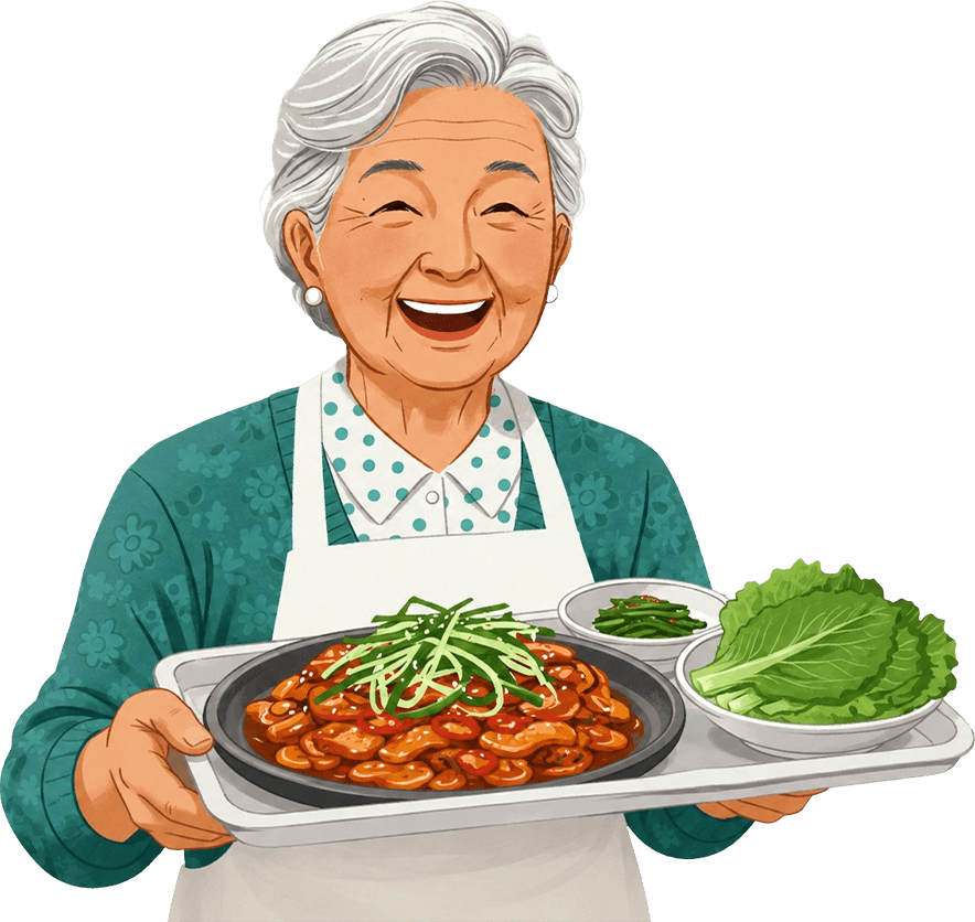 할머니가 푸짐한 밥상을 들고 환하게 웃고 있는 일러스트
